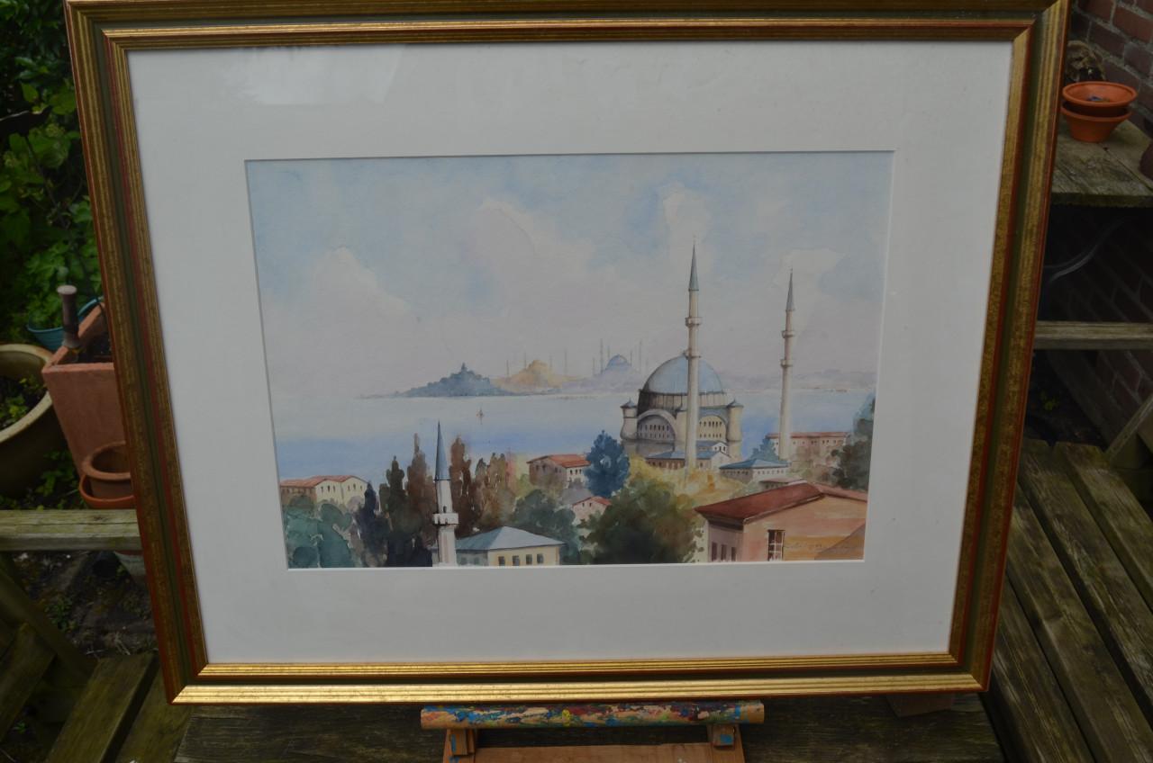 Aquarel van een moskee, gesigneerd en gedateerd