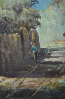 Indonesisch/Aziatisch schilderij: vrouw bij Tempelmuur