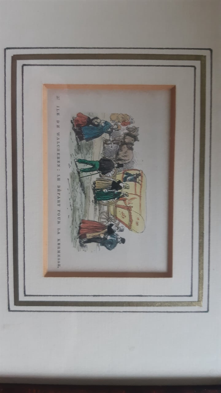 Walcheren klederdracht kermis: Ingekleurde houtgravure 1881