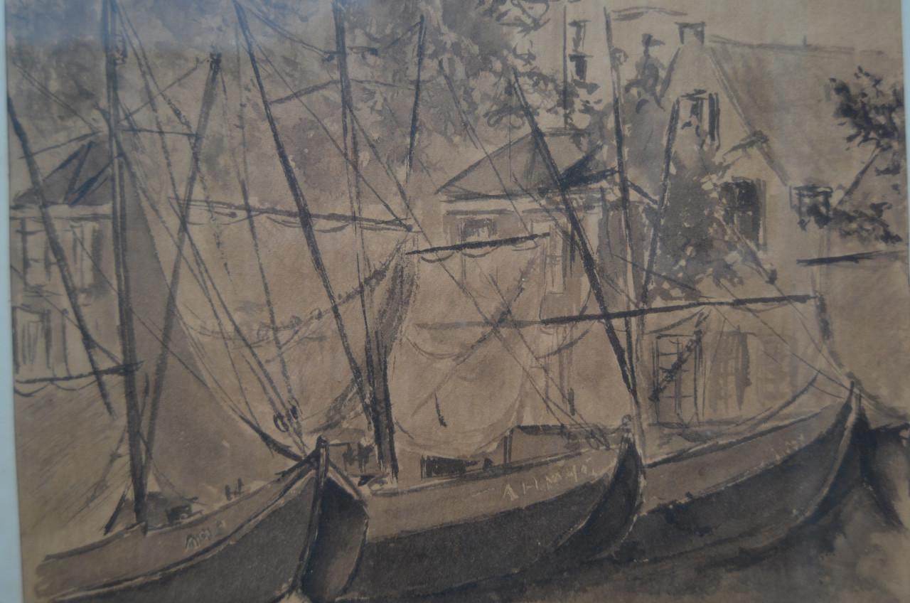 Aquarel Vissersboten/Stadhuis Veere gesign. gedat.