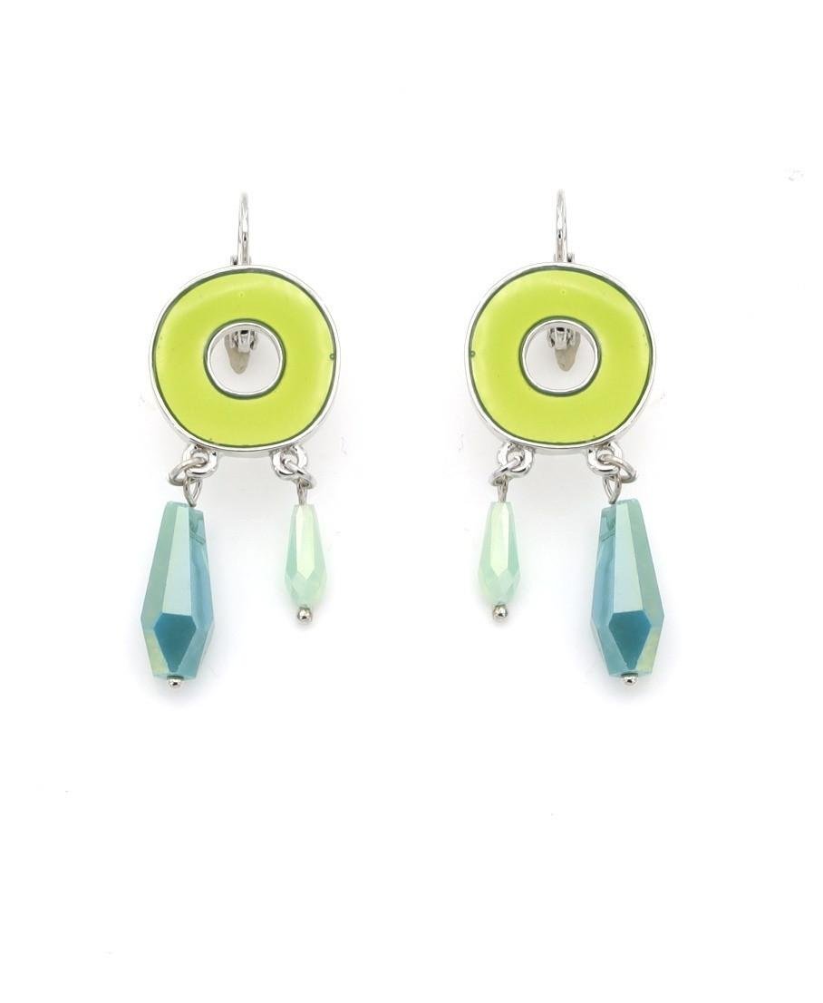 Oorbellen ronde vorm in lime kleur met aqua kristal kralen hangers