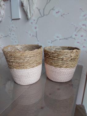 2 bloempotten zalmroze en riet, zgan