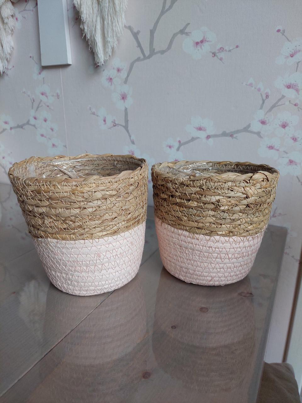 2 bloempotten zalmroze en riet, zgan