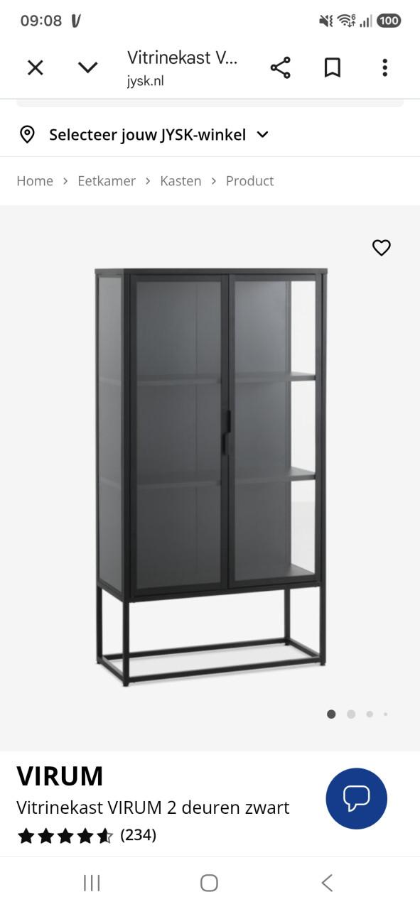 Glazen kast Jysk €130 en mangohouten bijzettafels€35