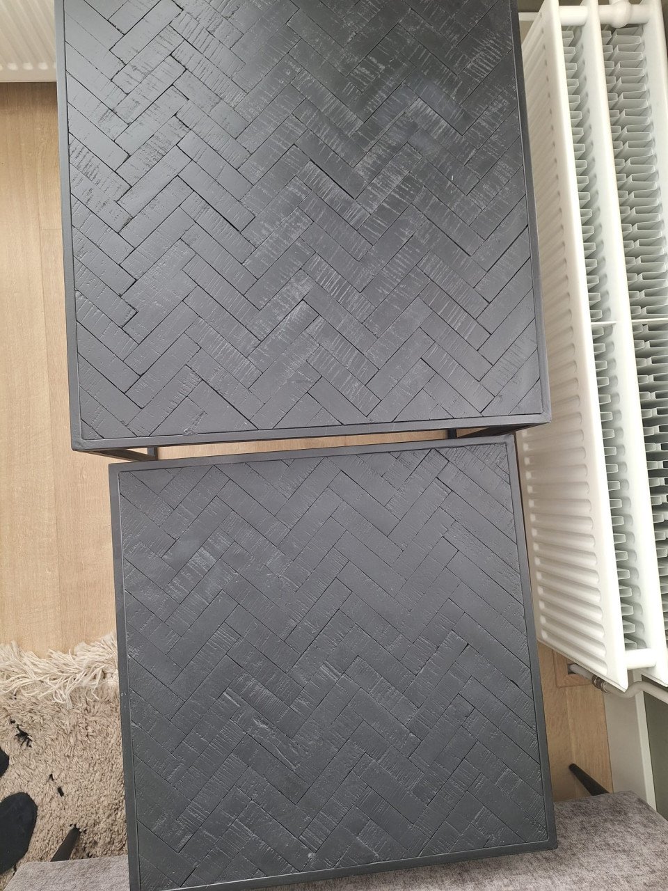 Mooie set salon/ bijzettafels Zwart hout met stalen poten/frame