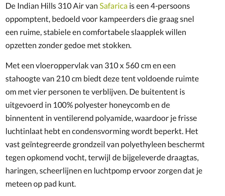 Tent, SAFARICA INDIAN HILLS 310 AIR, slechts 2x gebruikt