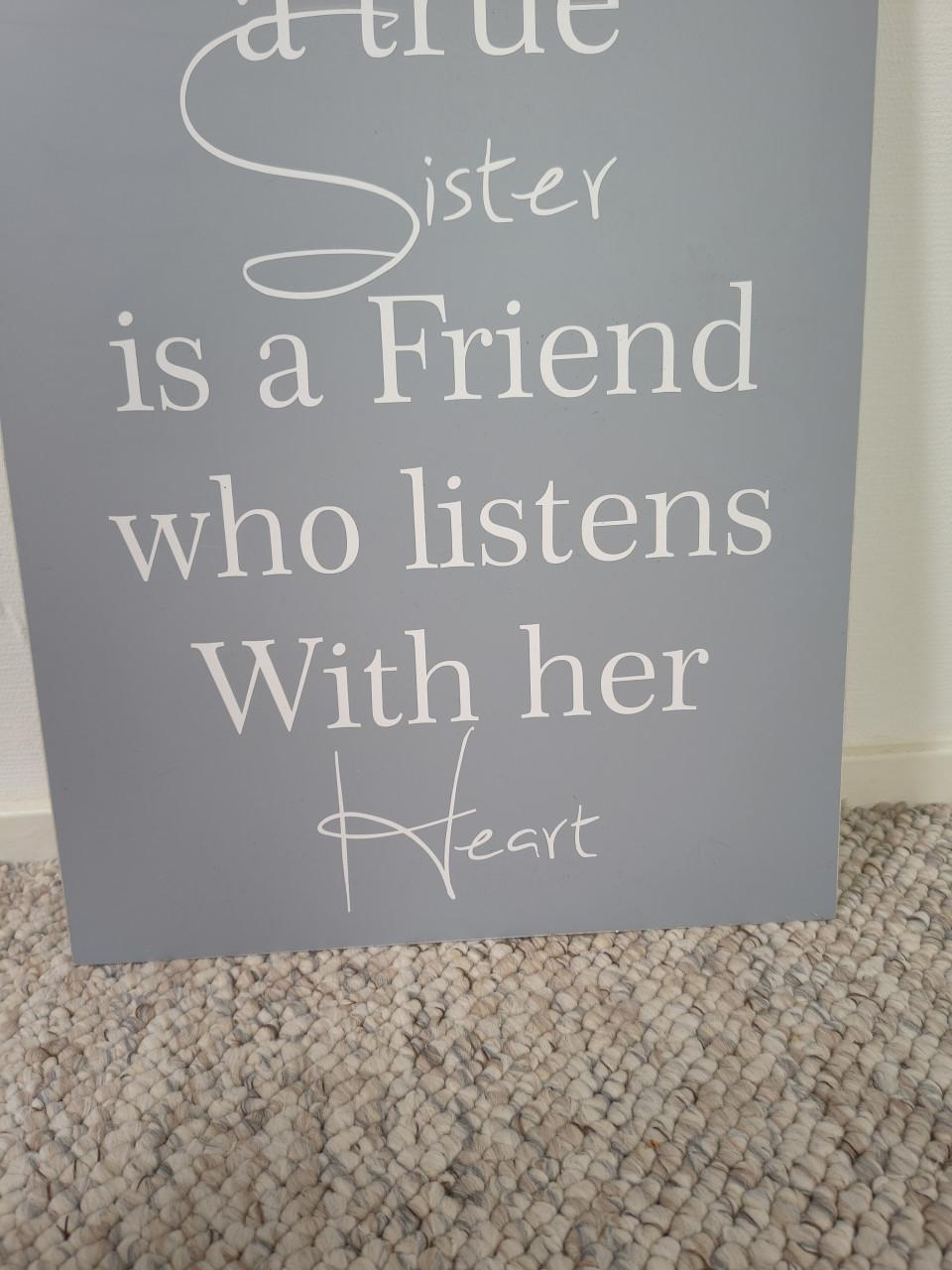 Prachtig grijs groot metalen wandbord met tekst, zussen, zus