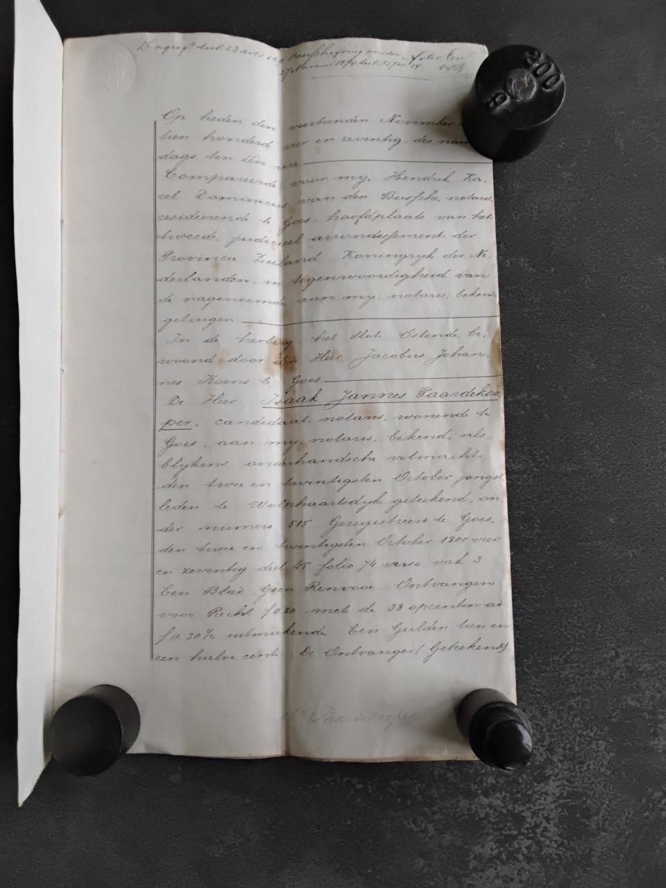 Handgeschreven akte van openbare veiling te Goes  jr 1874