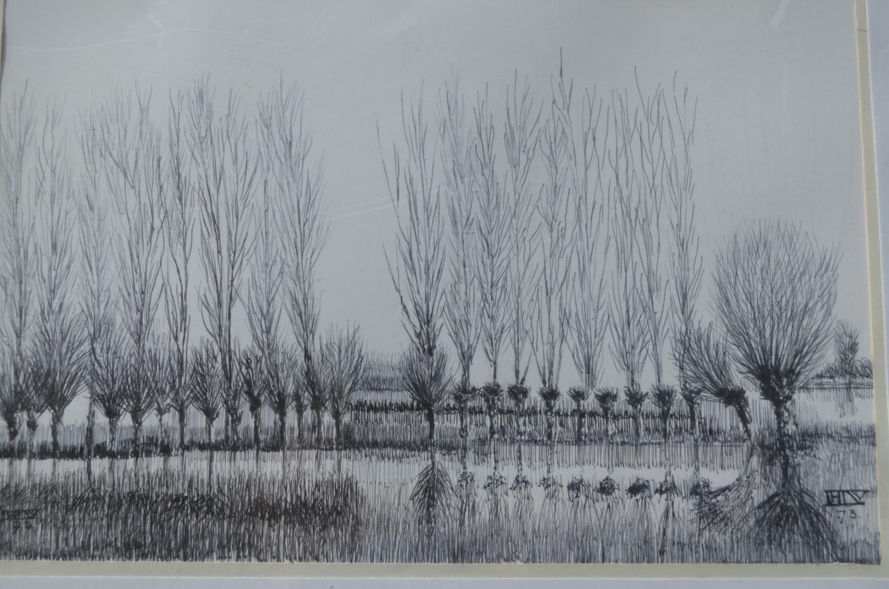 9 x Hendrik Voskuijl (1893 - 1980) potloodtek. bomen (3) o.a. Ommen