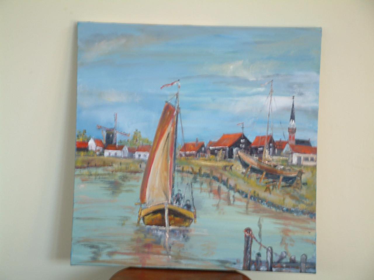 Schilderij kanaal Arnemuiden  olie verf  60 x 60  75 euro