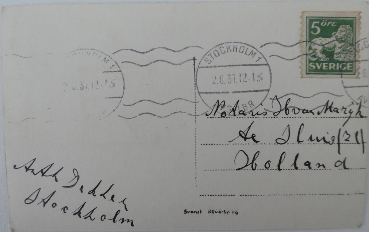 Ansichtkaart, 1937, Stockholm, verzonden naar Sluis