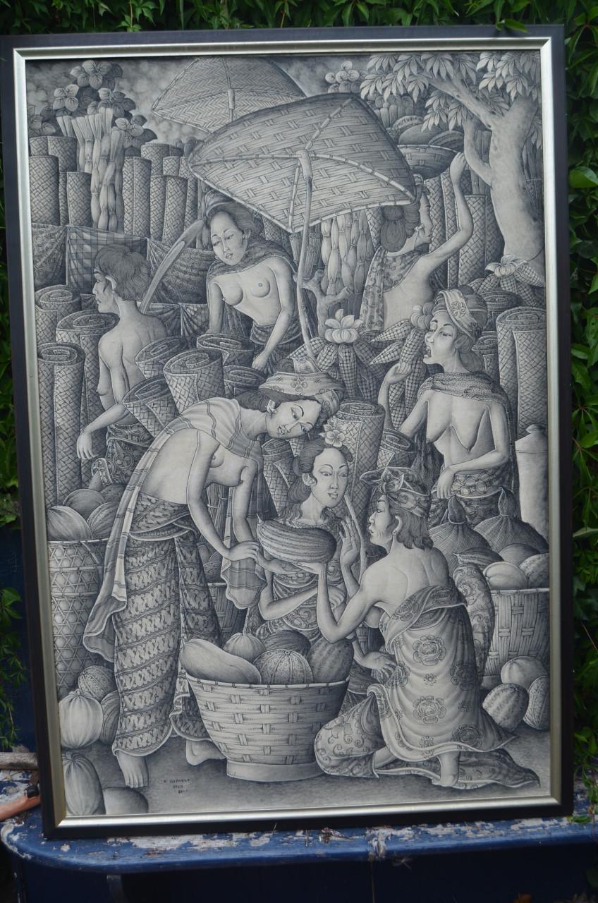 Twee prachtige enorme Balinese schilderijen, pendanten, gesigneerd