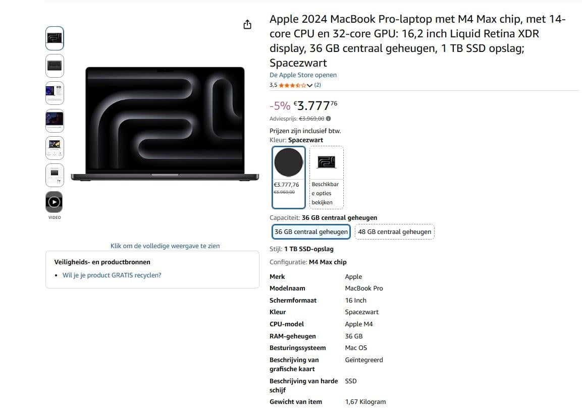 Apple MacBook Pro -16-inch - M4 Max chip - 36GB -1TB - Black - NIEUW -