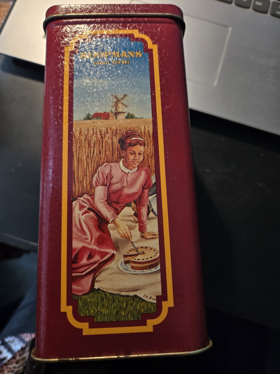 Vintage rechthoekige voorraadblik van Koopmans 18x12x8cm Geheel deukvrij.