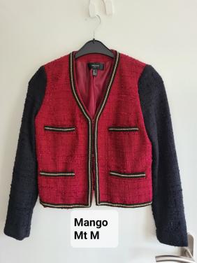 Bordeauxrode en zwarte Mango tweed blazer met gouden kettingdetails. Maat M