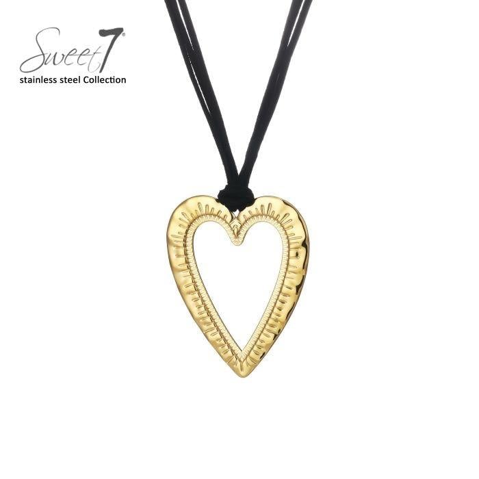 Halsketting met goudkleurig hart en zwart koord