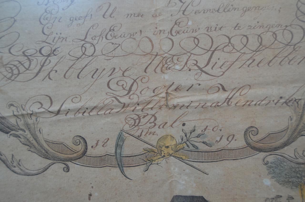 Rouwgedicht 1819 gravure. Sibilla Wilhelmina Hendriks Bal