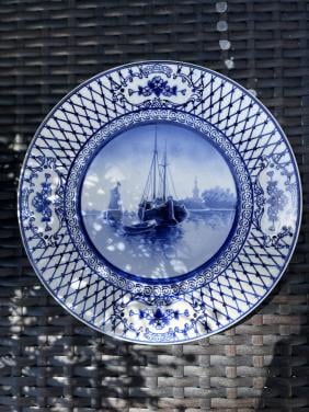 Antiek Delfts Blauw Wandbord met Hollands Landschap