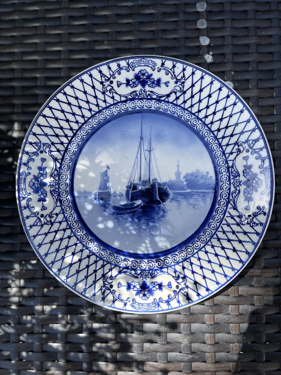 Antiek Delfts Blauw Wandbord met Hollands Landschap
