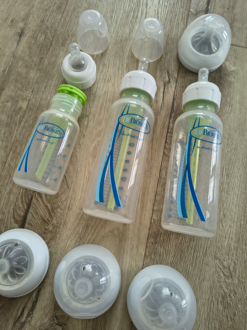 Complete set Dr Brown flessen en spelen, dopjes. Reflux fles