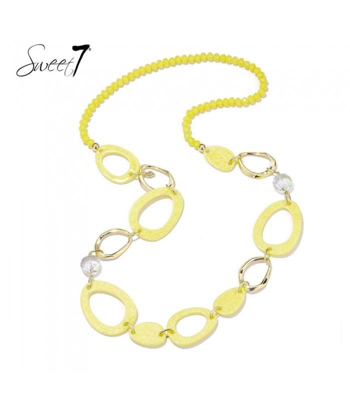 Halsketting lang met gele kralen en ovale goudkleurige schakels