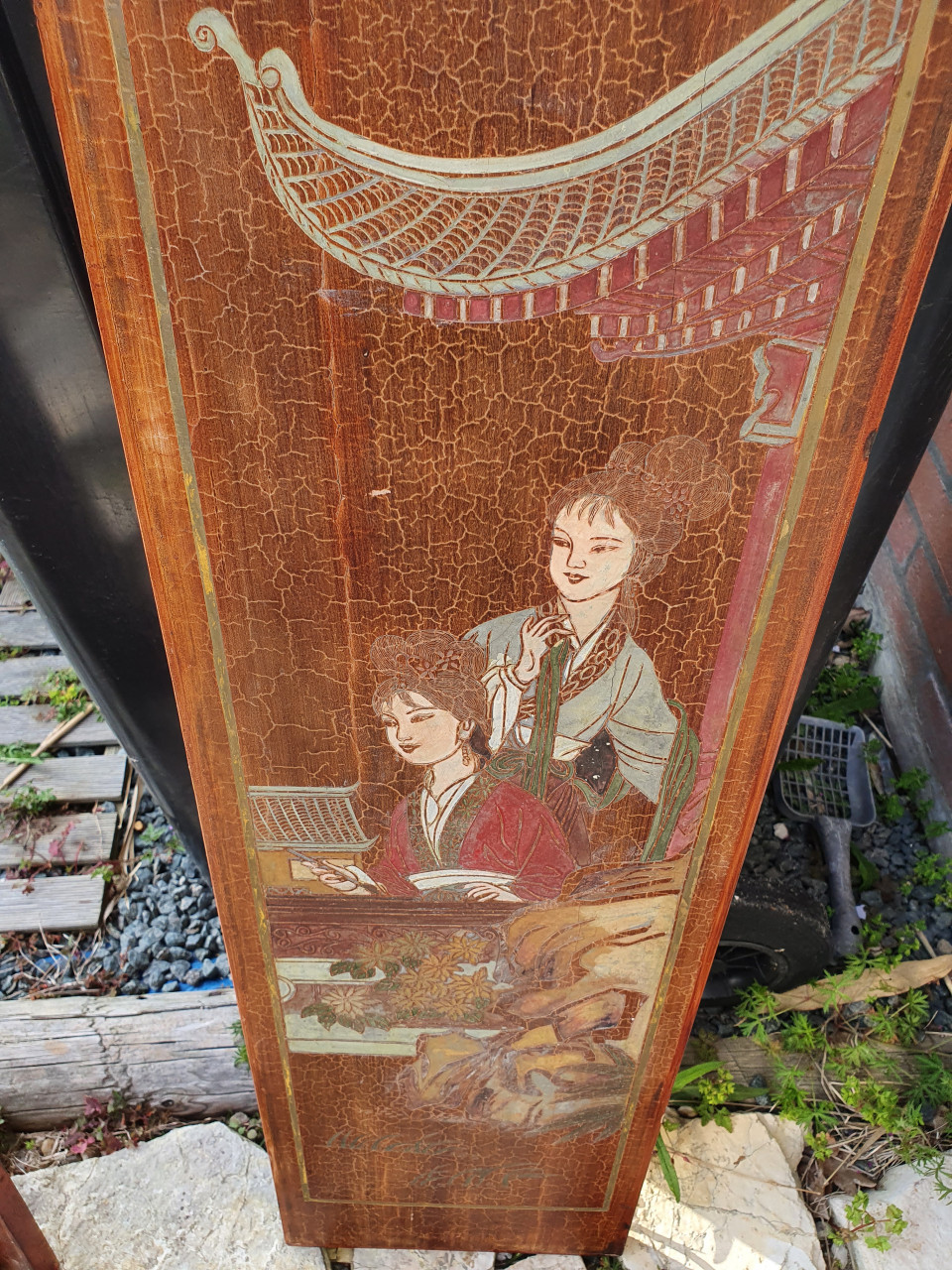 Antieke chinese houten plank, handgeschilderd in mooie staat...