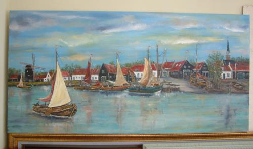Schilderij van Arnemuiden  haven  120 x 60 cm olieverf   Jac Caljouw