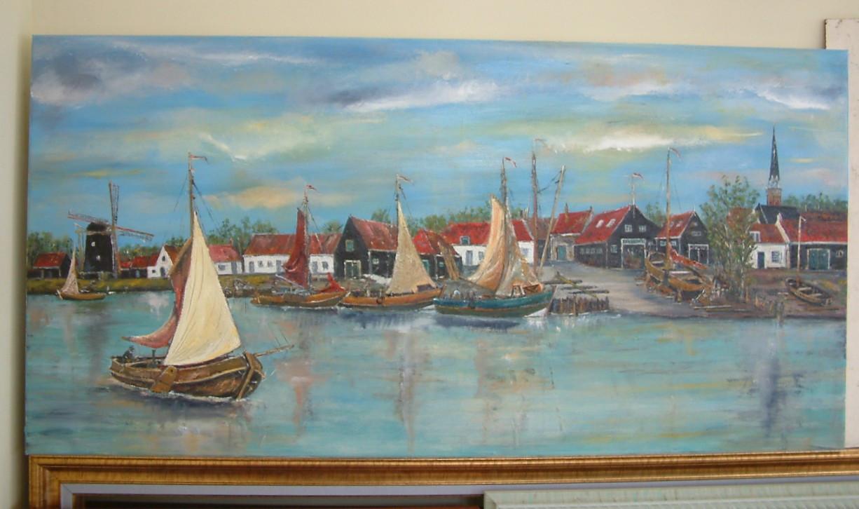 Schilderij van Arnemuiden  haven  120 x 60 cm olieverf   Jac Caljouw