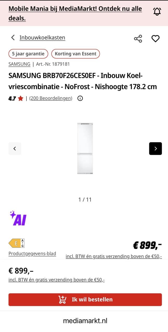 SAMSUNG BRB70F26CES0EF Inbouw Koel-vriescombinatie NoFrost 178.2 cm