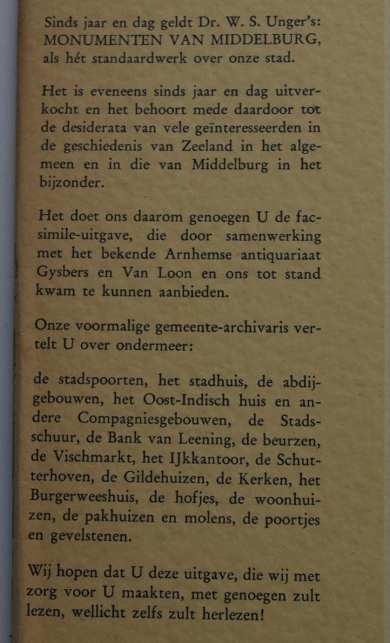De Monumenten van Middelburg – Dr. W.S. Unger, Archivaris der Gemeente.
