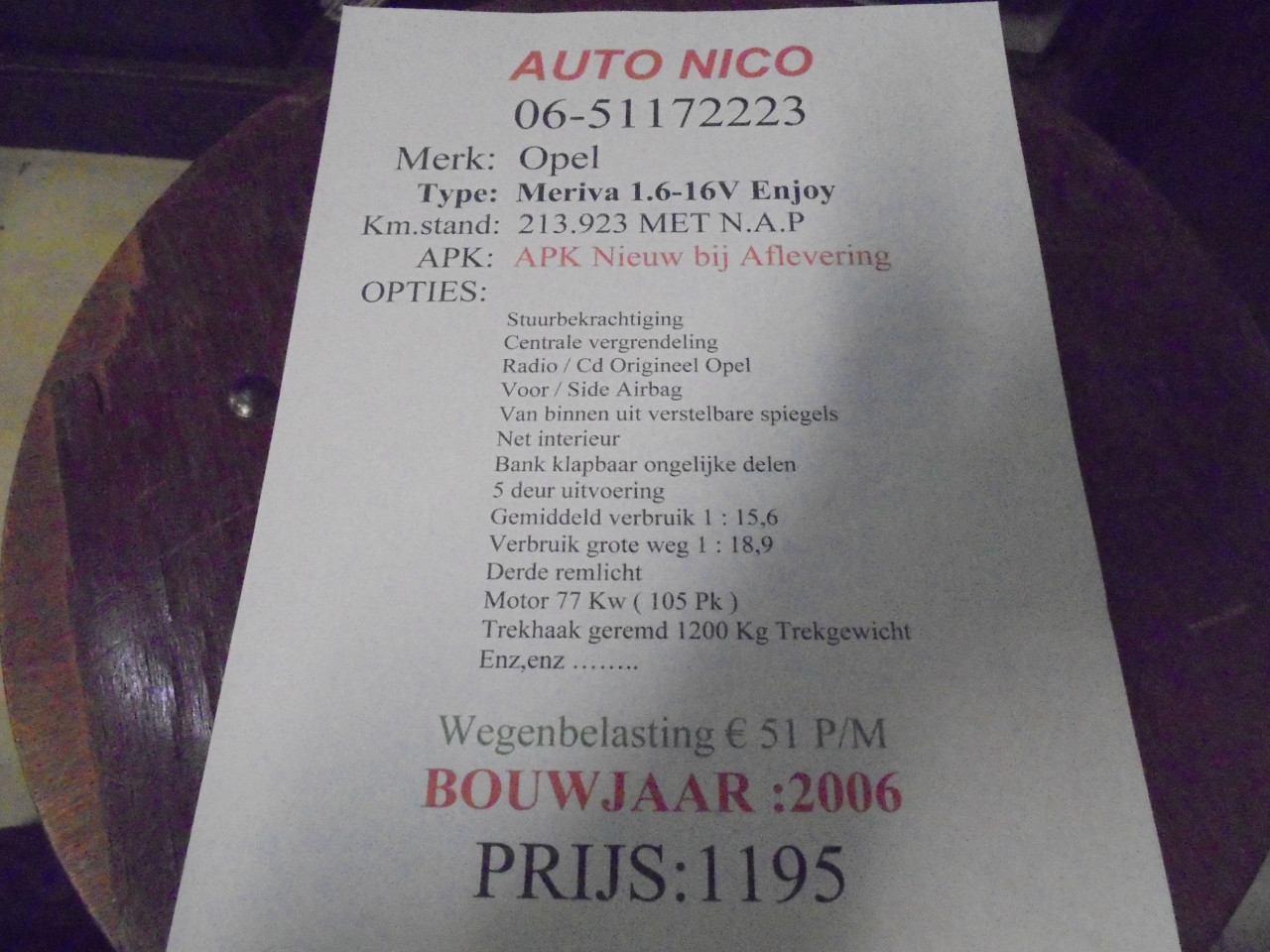 Meriva 1.6-16V Enjoy vol jaar A.P.K bij aflevering met N.A.P € 1195