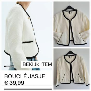 H&M bouclé jasje in de kleur room wit met zwarte bies. Maat 40