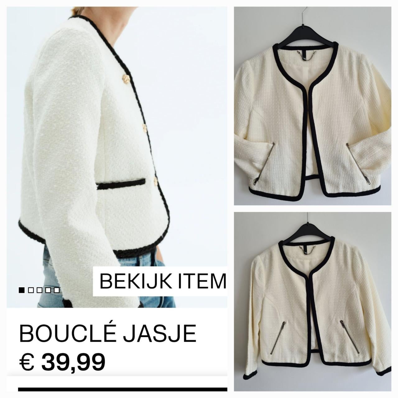 H&M bouclé jasje in de kleur room wit met zwarte bies. Maat 40