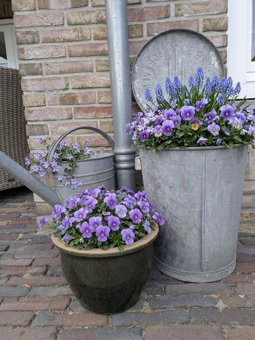 Zinken vuilnisemmer, gieter, bloempot