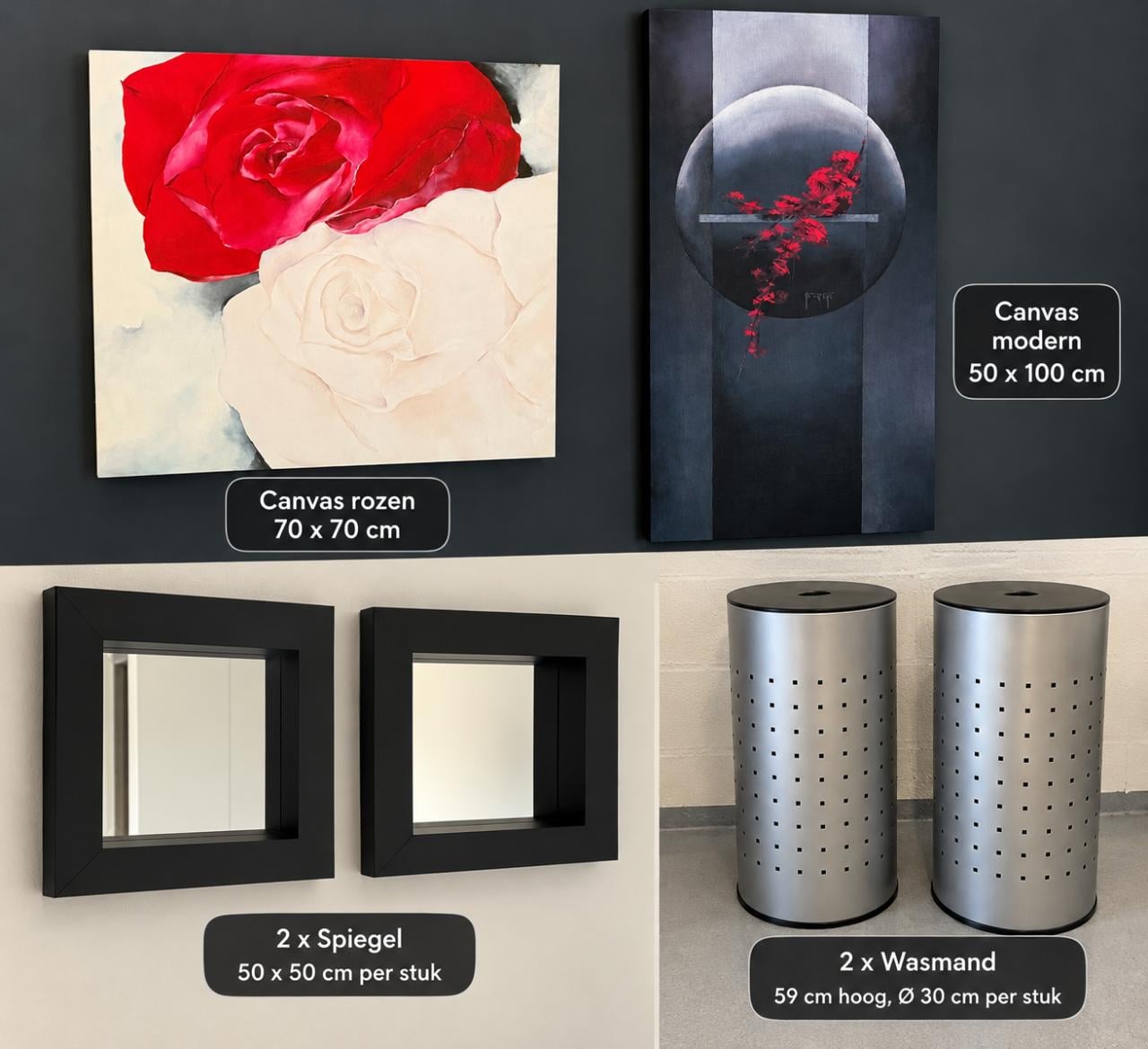 2 mooie canvas doeken  .2 'wasmanden' + 2 zwarte spiegels