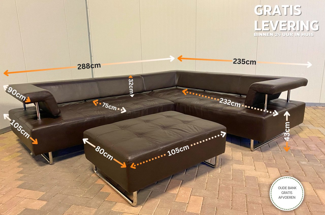 GRATIS LEVERING HEEL NL Montel Bruin Leer Hoekbank met Poef