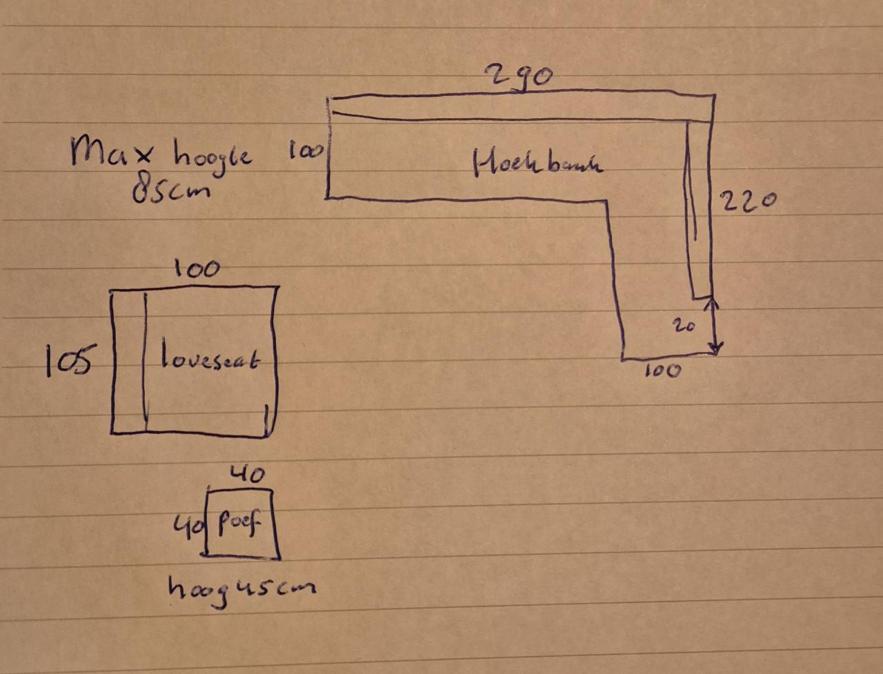 Bruine hoekbank, loveseat en poef