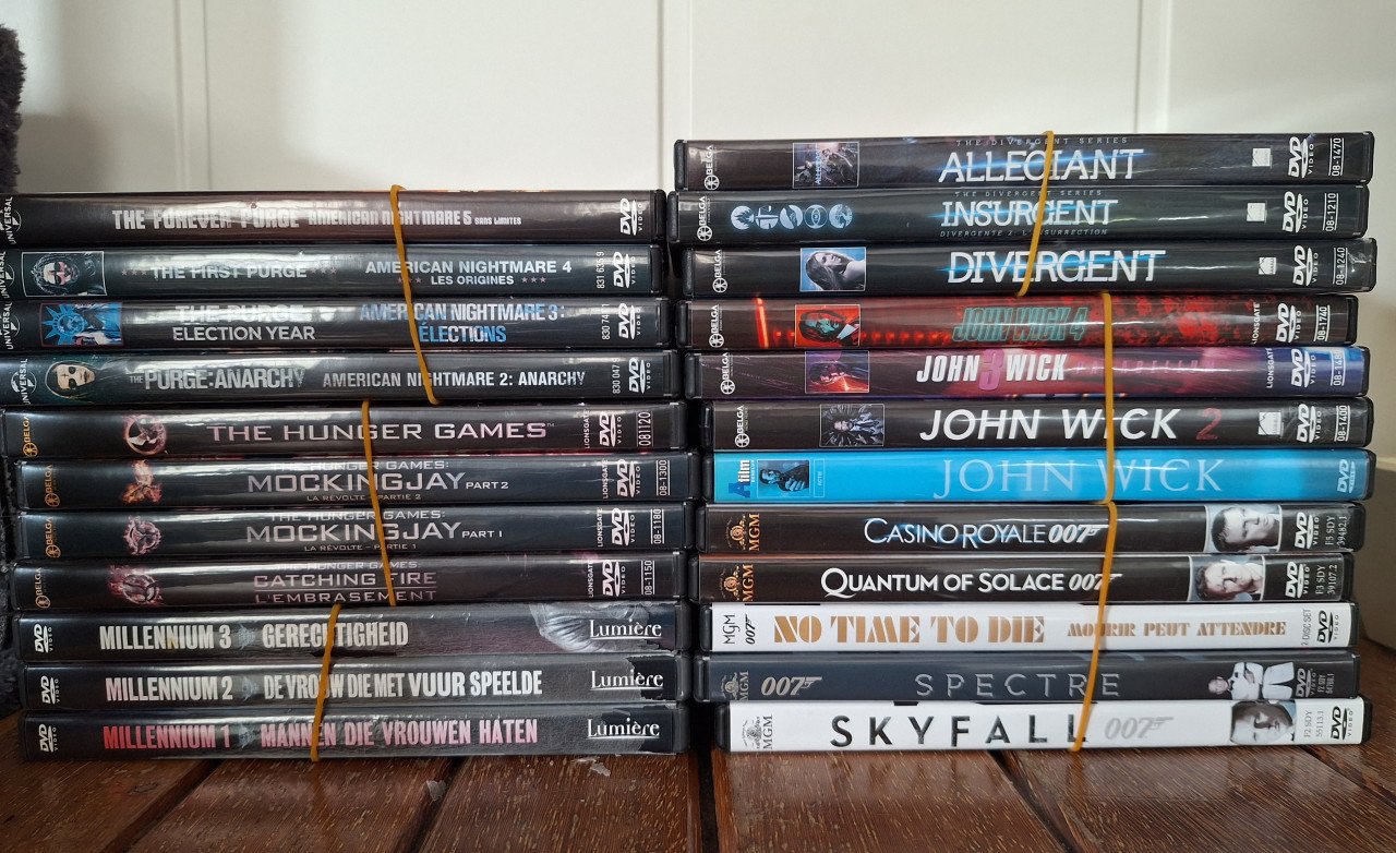 DVD-series The Purge, Divergent, Millenium, HungerGames, 007, John Wick.