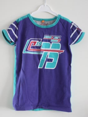 Paars shirt met aquagroen maat 122-128