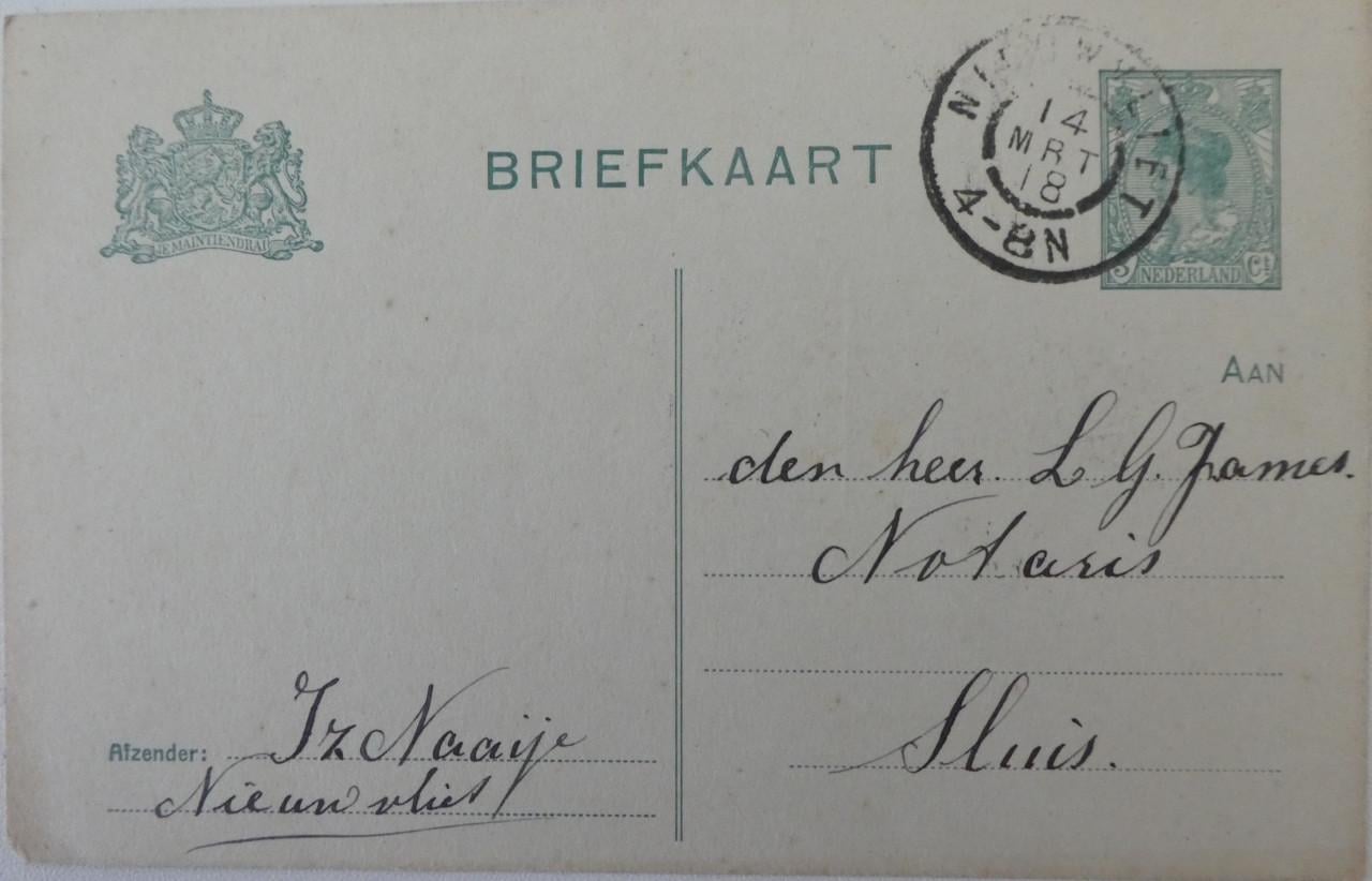 Briefkaart, 1918, Nieuwvliet – Sluis