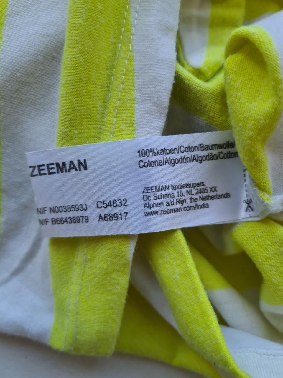 Wit , geel gestreept T-Shirt van de Zeeman  Mt 134-140