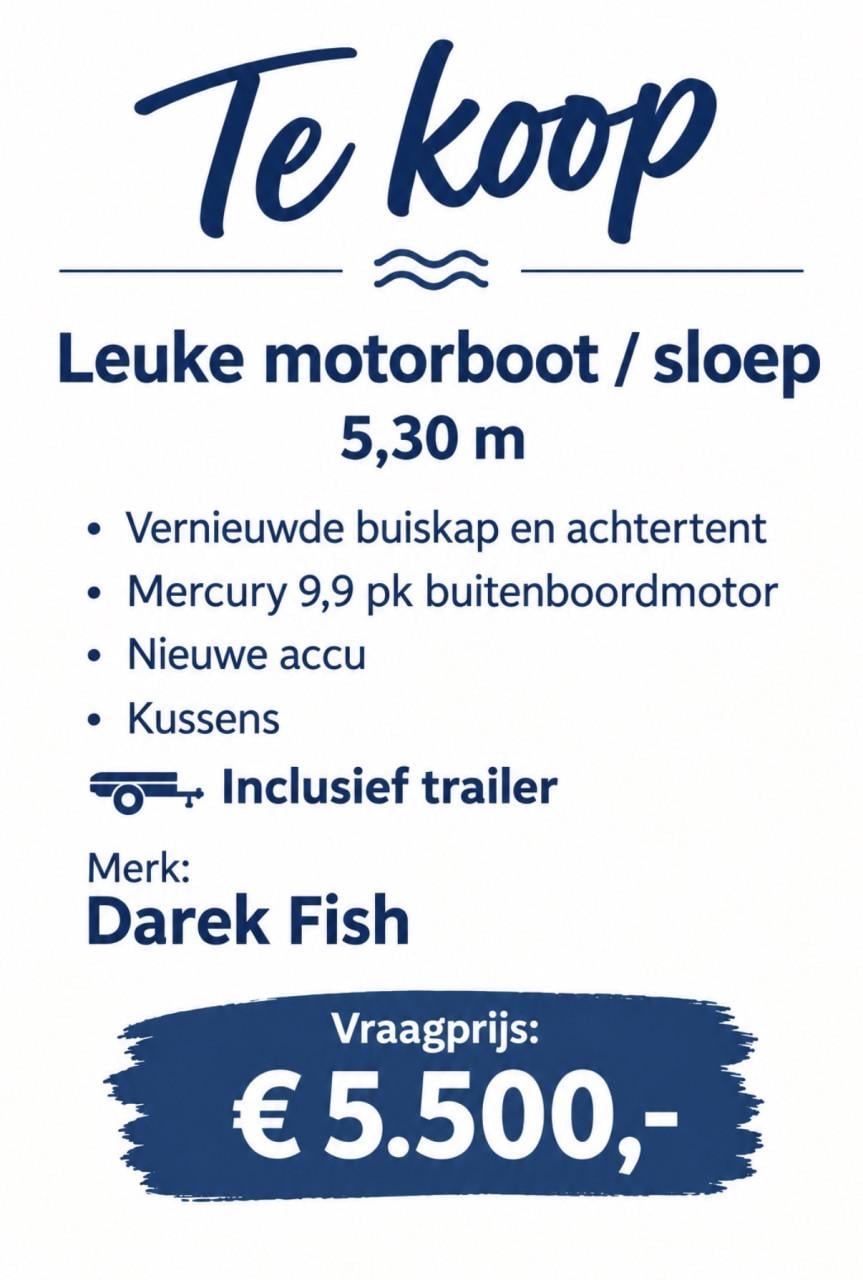 Leuke sloep, inclusief trailer, Mercury 9,9 pk motor en kussens te koop