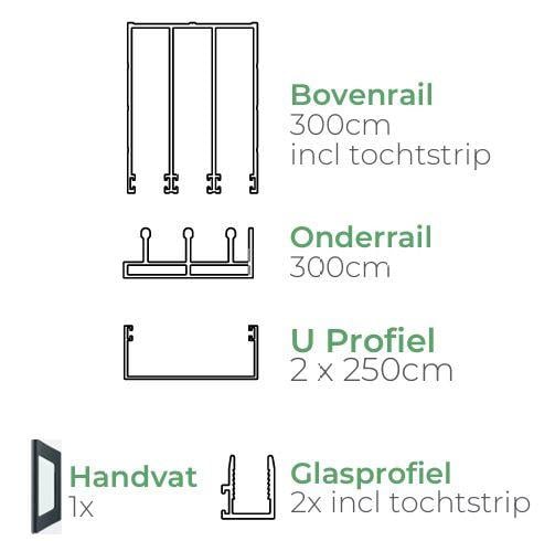 Demo schuifwand | getint glas | breedte 250 x hoogte 225cm