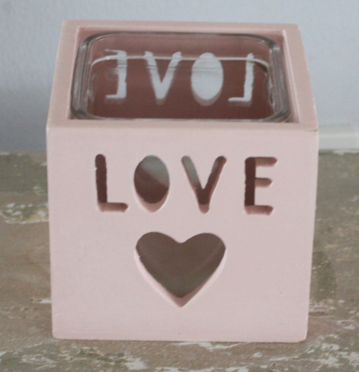 Theelicht houder hout roze en glas