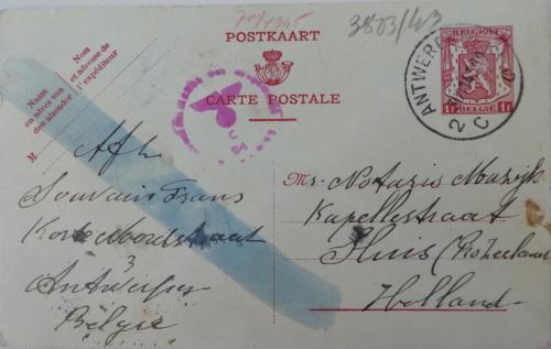 Briefkaart. 1943, Antwerpen – Sluis, gecensuurd