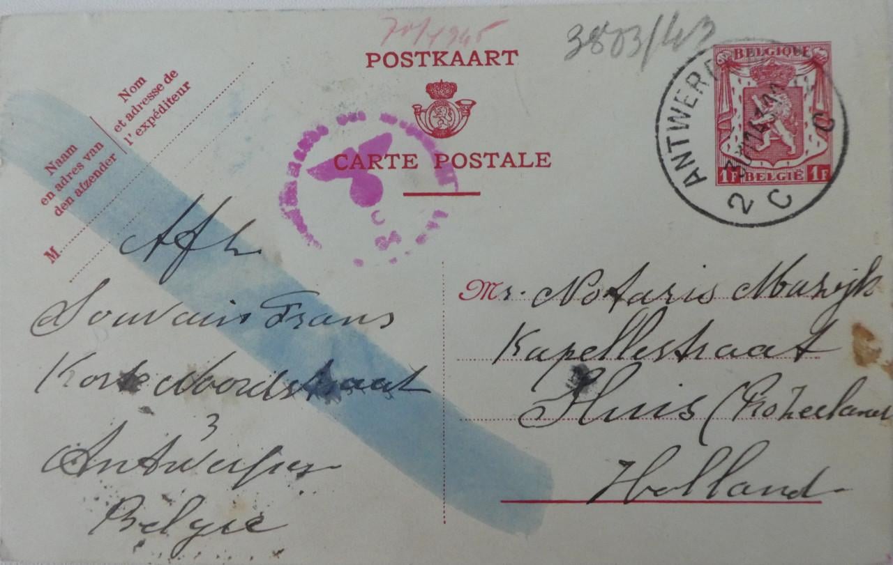 Briefkaart. 1943, Antwerpen – Sluis, gecensuurd