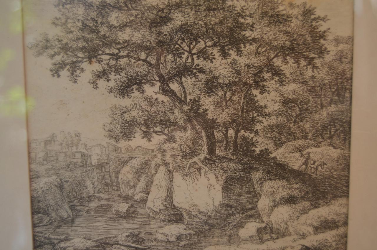 Ets Landschap, dorpje, mannetje met ezel.