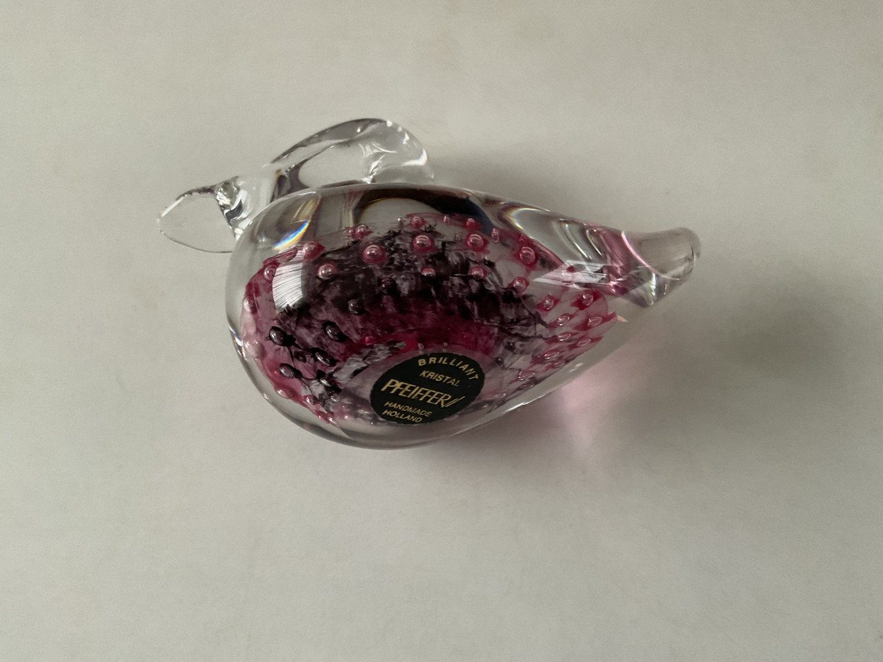 Eend. Pfeiffer kristal. Handmade Holland.Luchtbelletjes. Brilliant kristal.