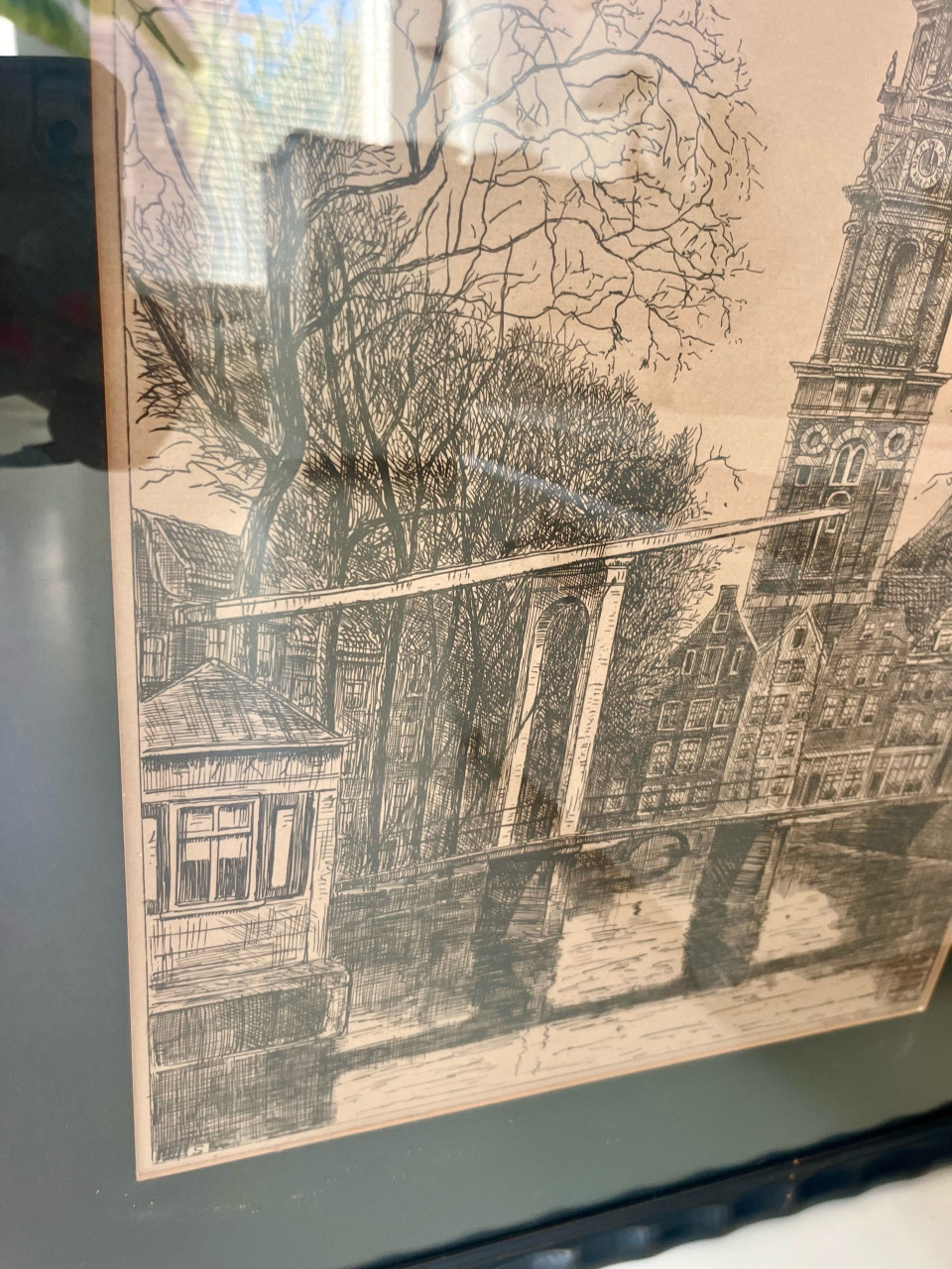 Kunstwerk tekening in inkt Westertoren Amsterdam