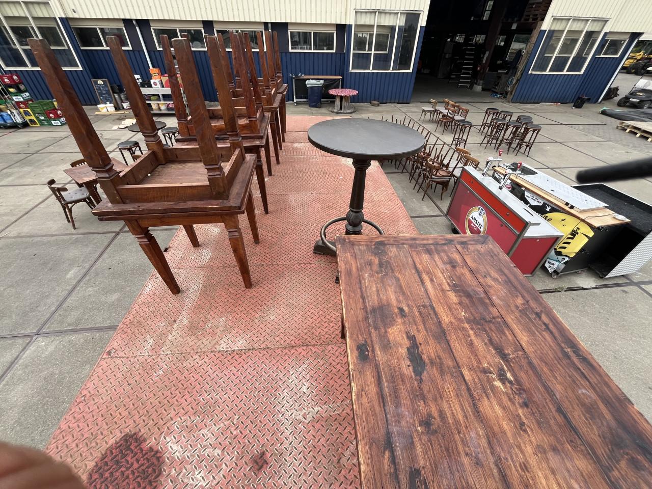 Partij horeca tafels, stoelen en statafels teakhout te koop